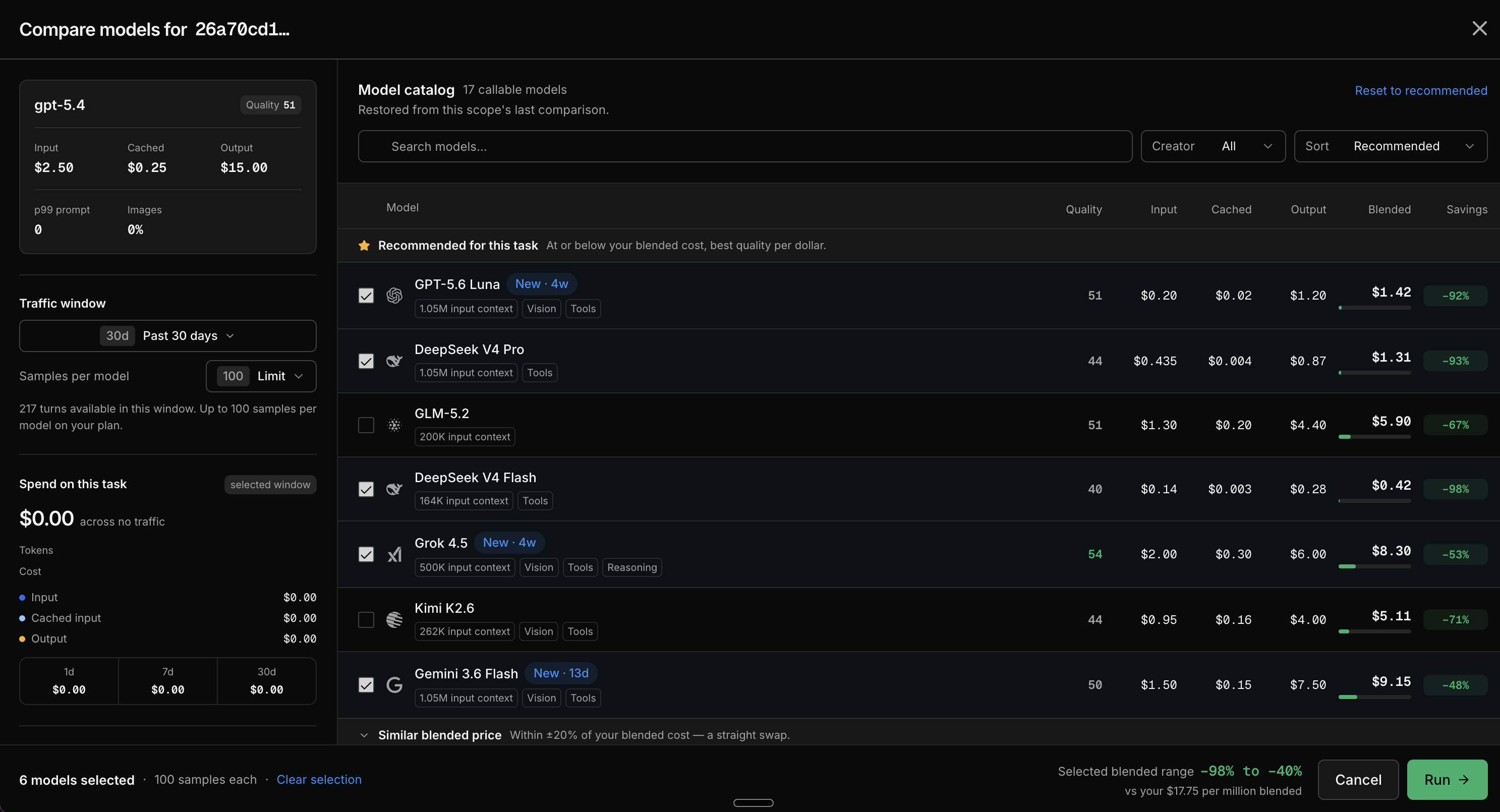 The comparison dialog, showing your current model's pricing, the Traffic window and Samples per model selectors, and the model catalog with recommended models pre-selected