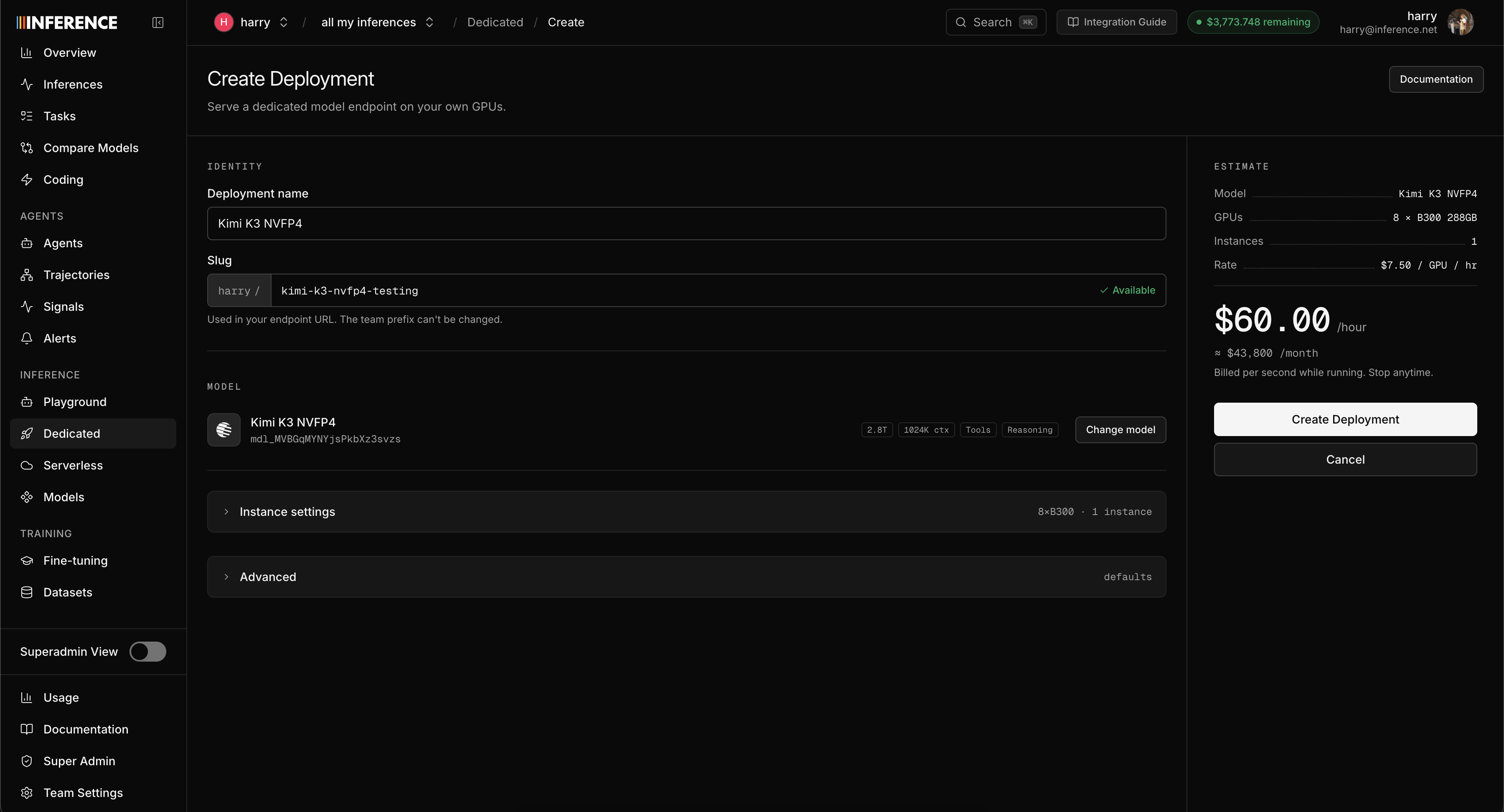 Create deployment page showing identity, model, and rate estimate