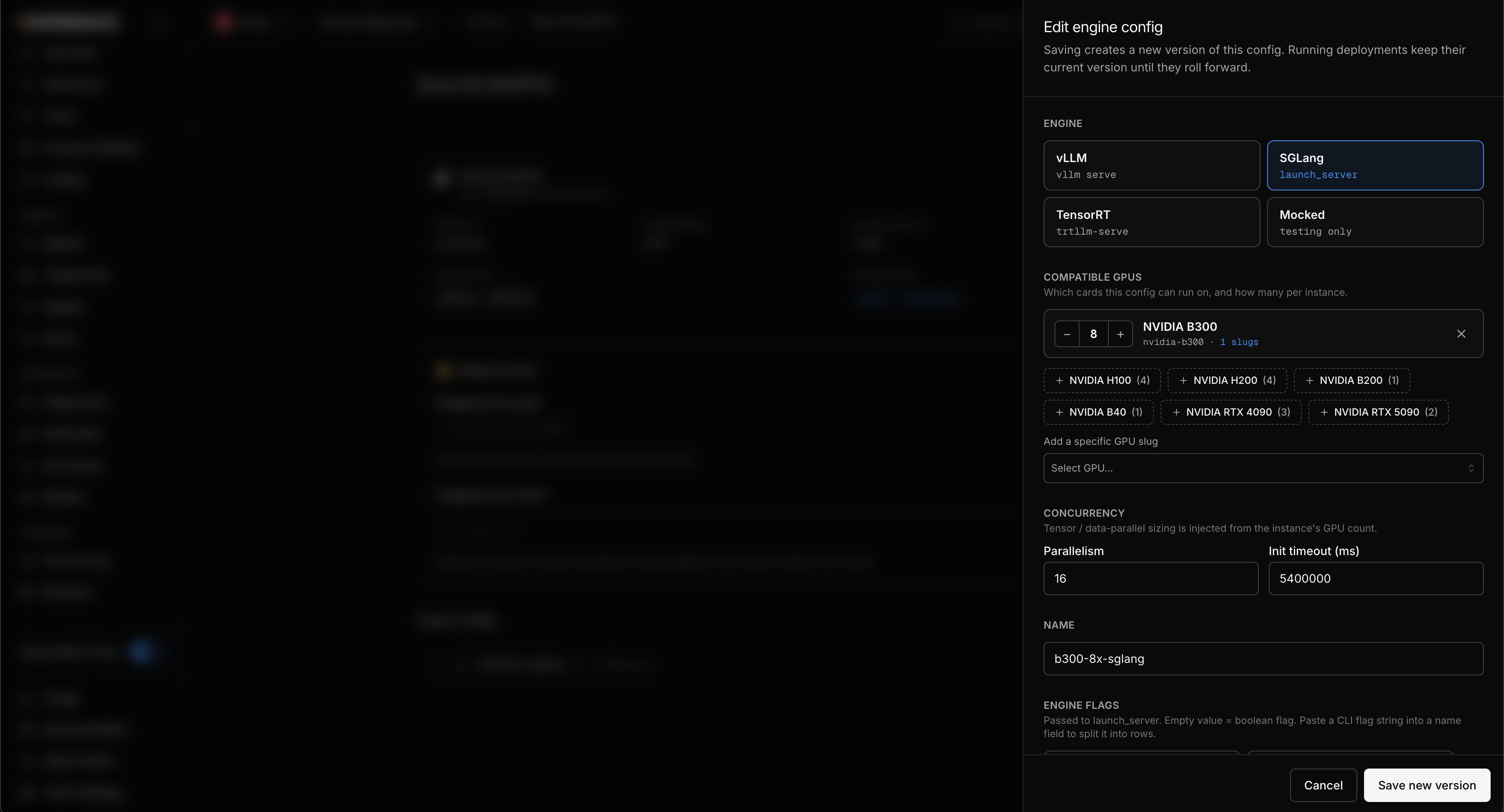 Edit engine config panel