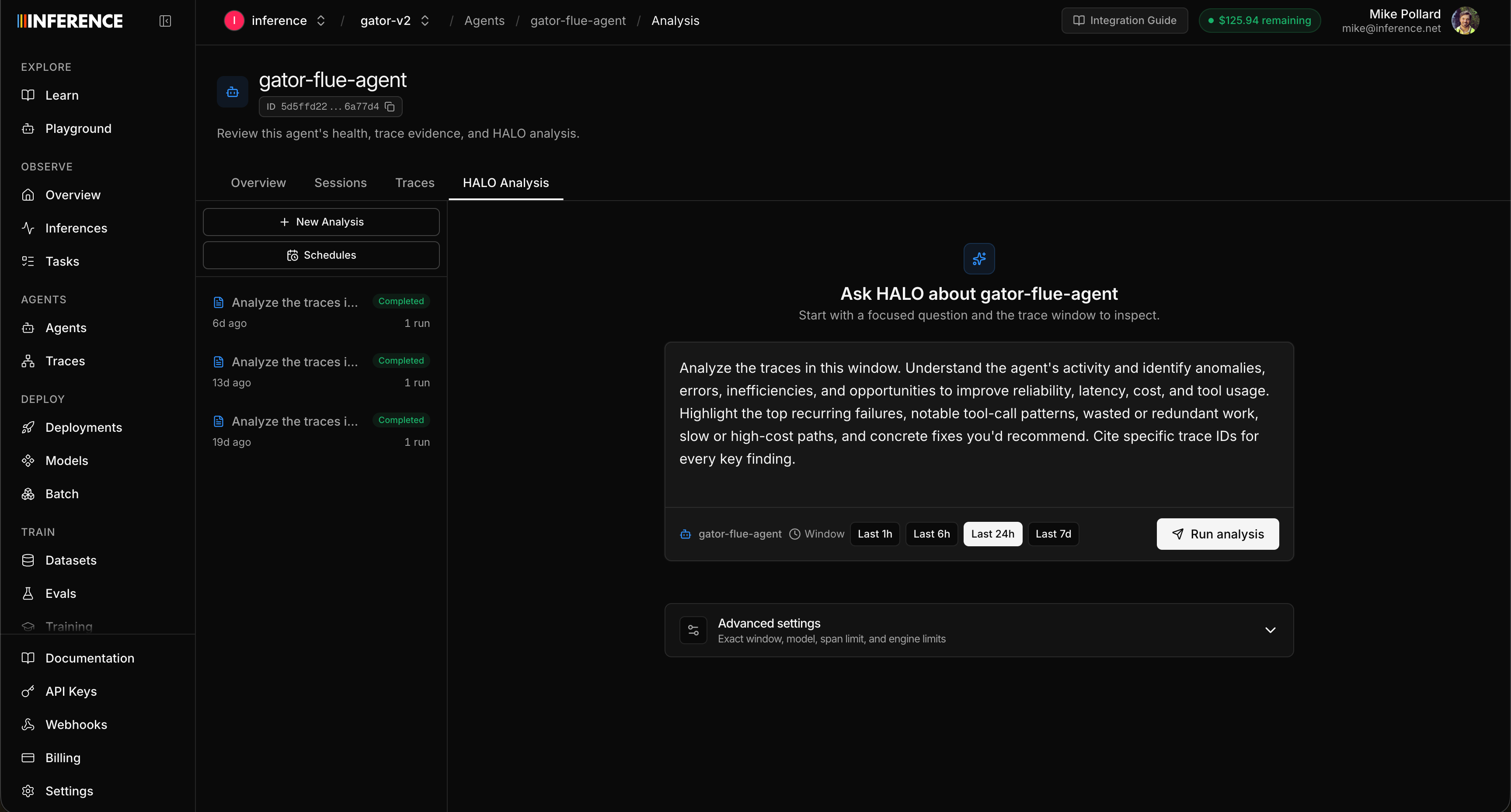 The Analysis sub-tab, with the list of previous HALO runs and chats on the left and the prompt window on the right, showing the time-range picker and the advanced options for span limit, max depth, and max turns