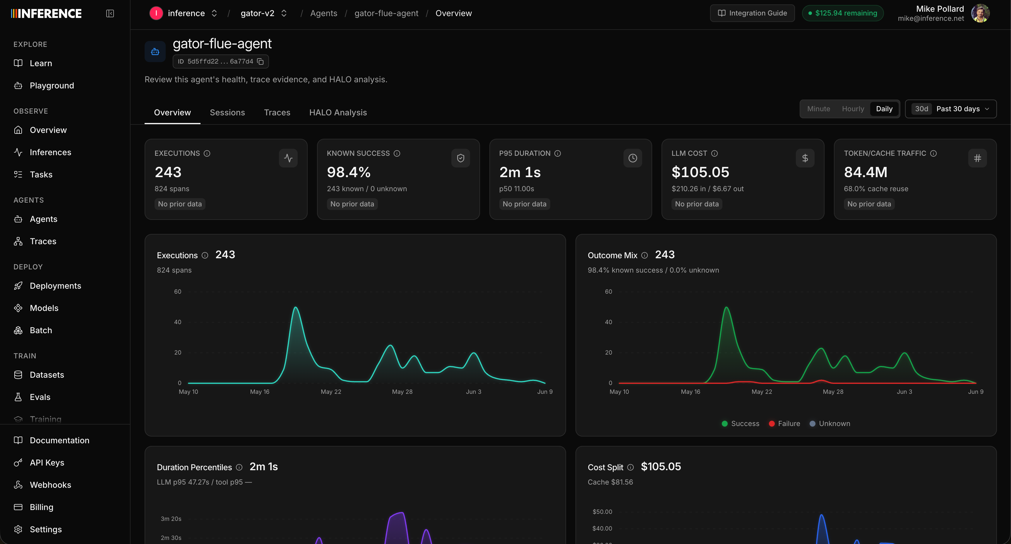 The Overview sub-tab for a single agent, showing the metric tiles up top and the time-series charts for run count, error rate, latency, token usage, and cost
