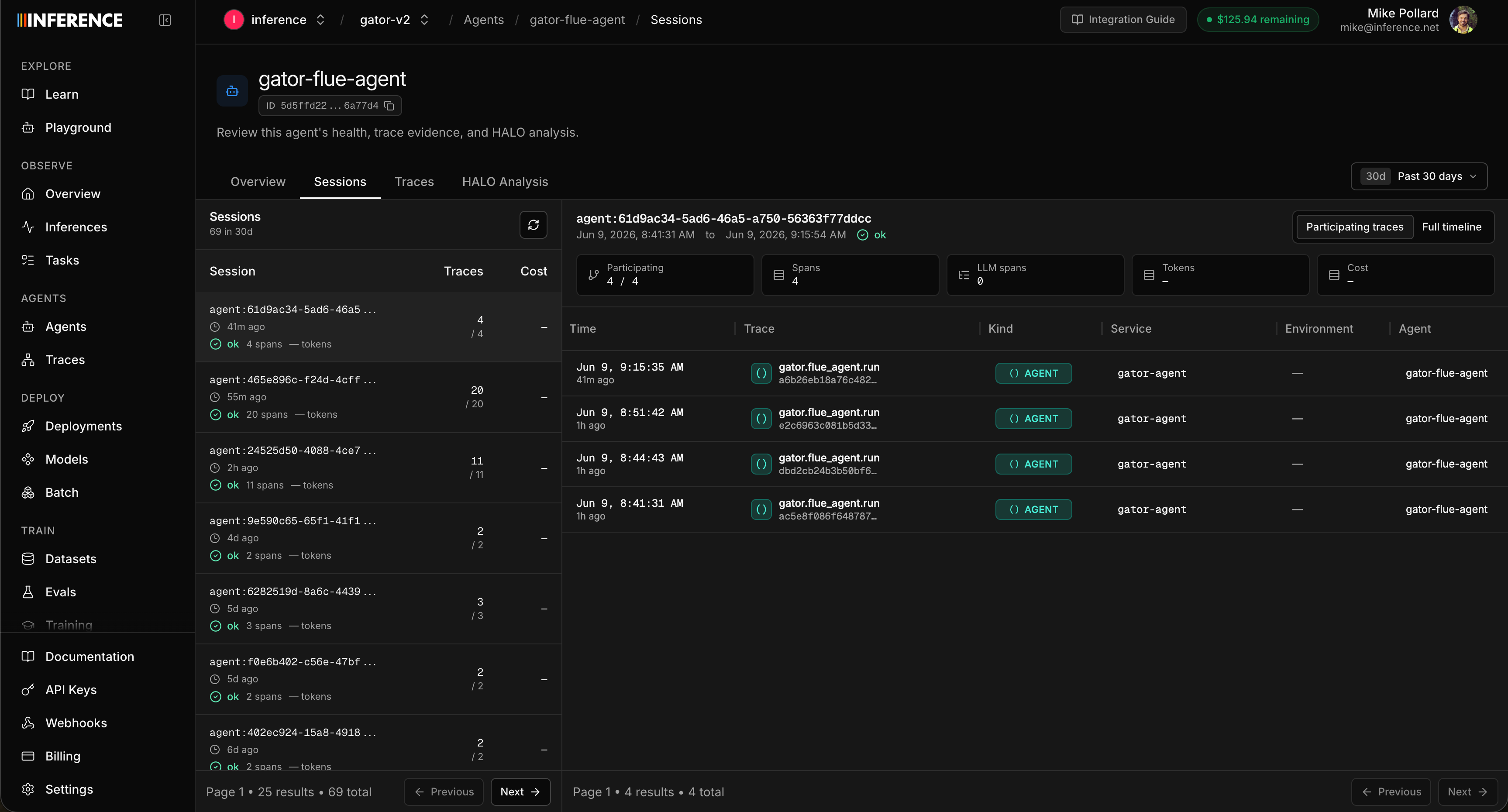 The Sessions sub-tab showing one row per session with high-level metrics, with a session expanded into the traces it contains
