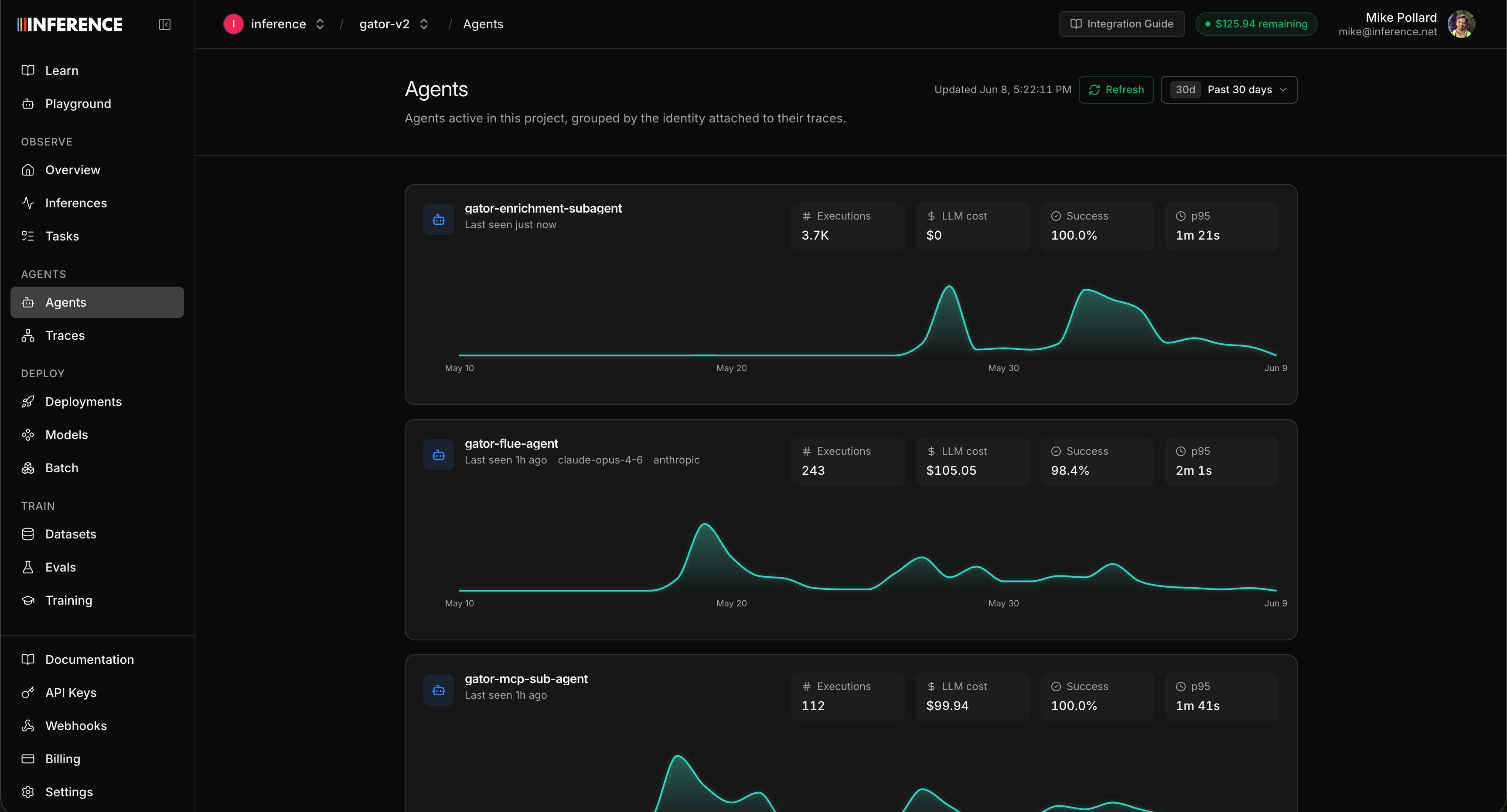 The Agents tab showing the list of traced agents grouped by agentId, where each card has the agent name, high-level info, and a usage graph