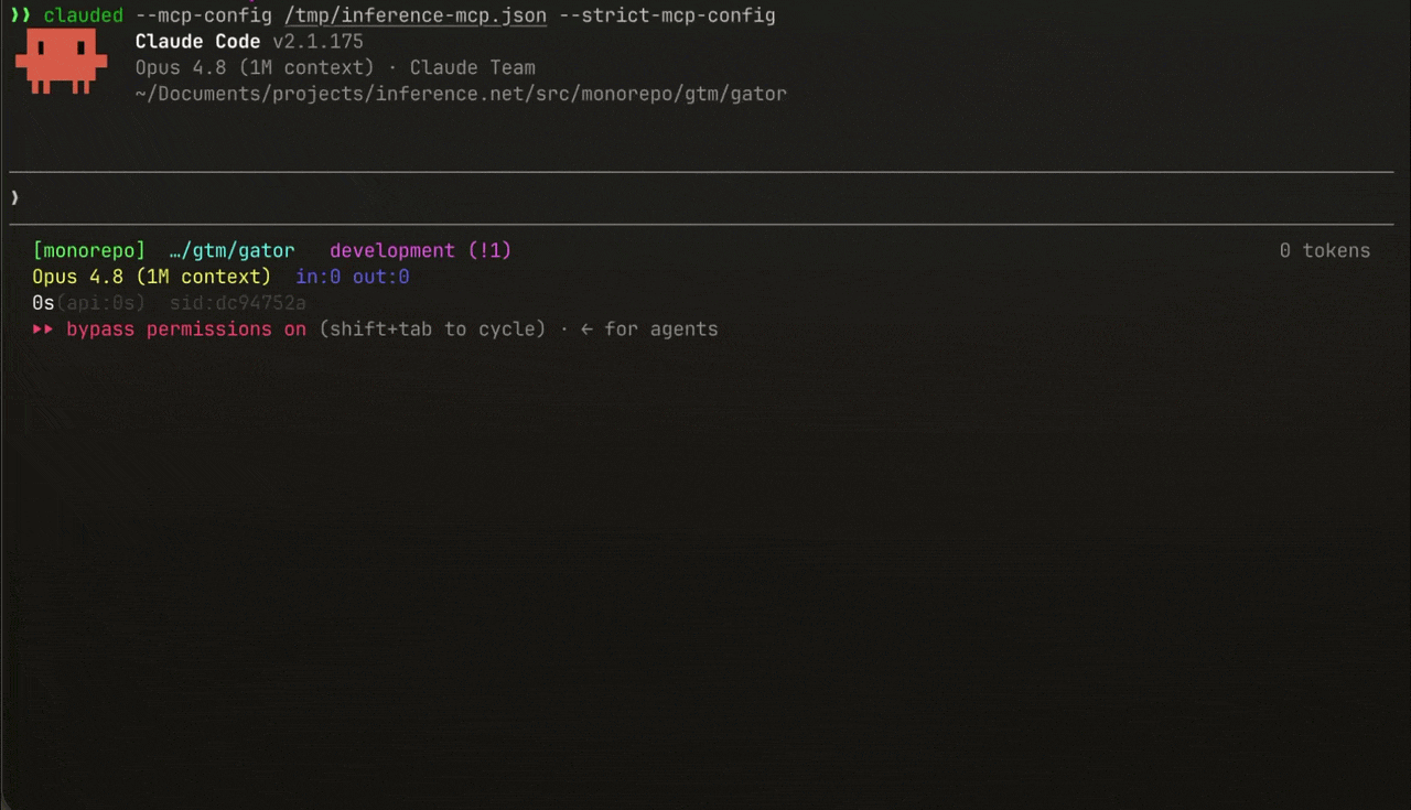 A coding agent connected to the Inference MCP server pulling the latest HALO report for the gator flow agent and editing the prompts, tool definitions, and harness code directly in the repo