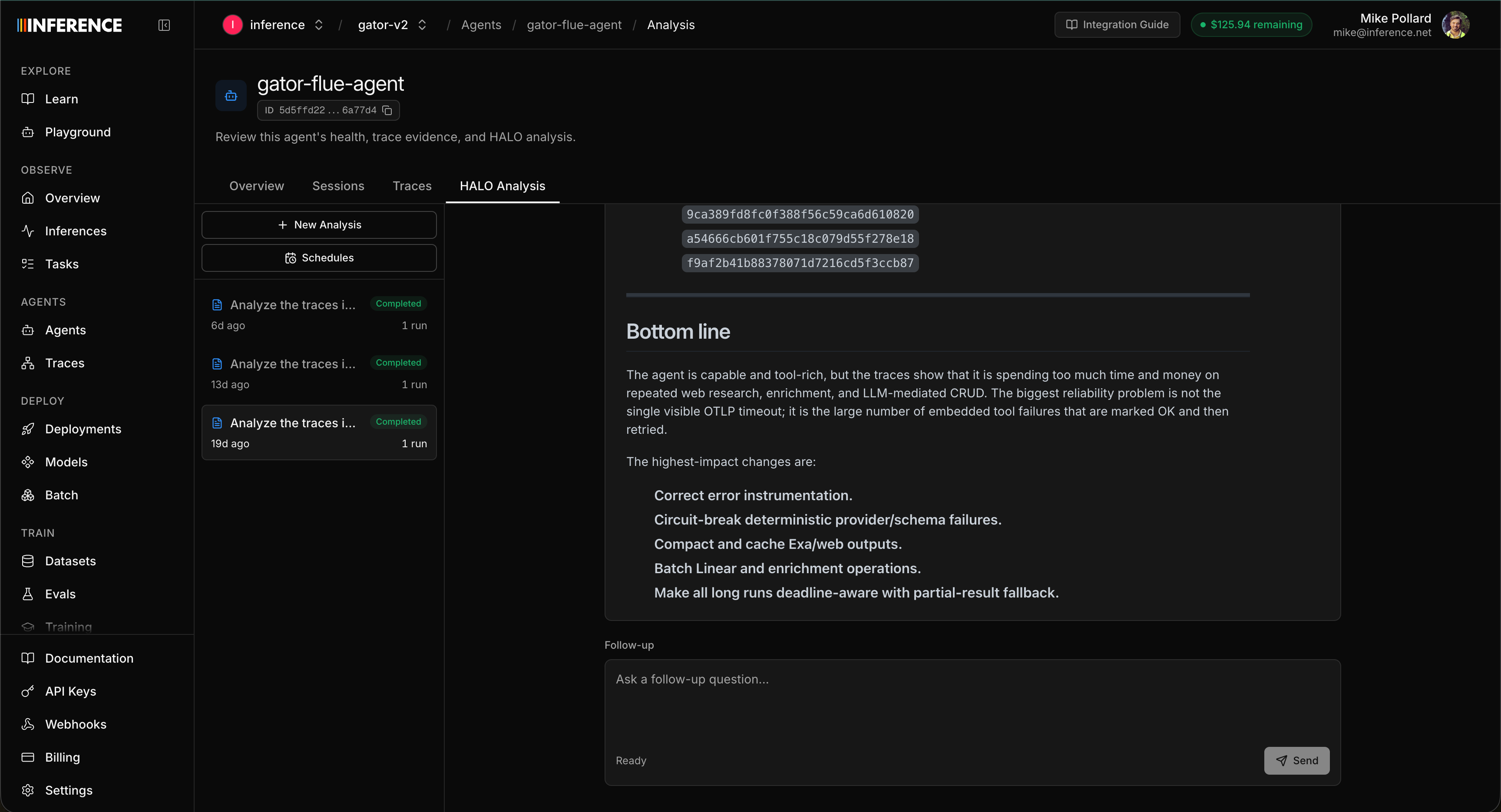 A completed HALO report showing ranked findings like invalid tool inputs, silent query failures on ok-status spans, and duplicate tool calls, along with a list of recommended fixes
