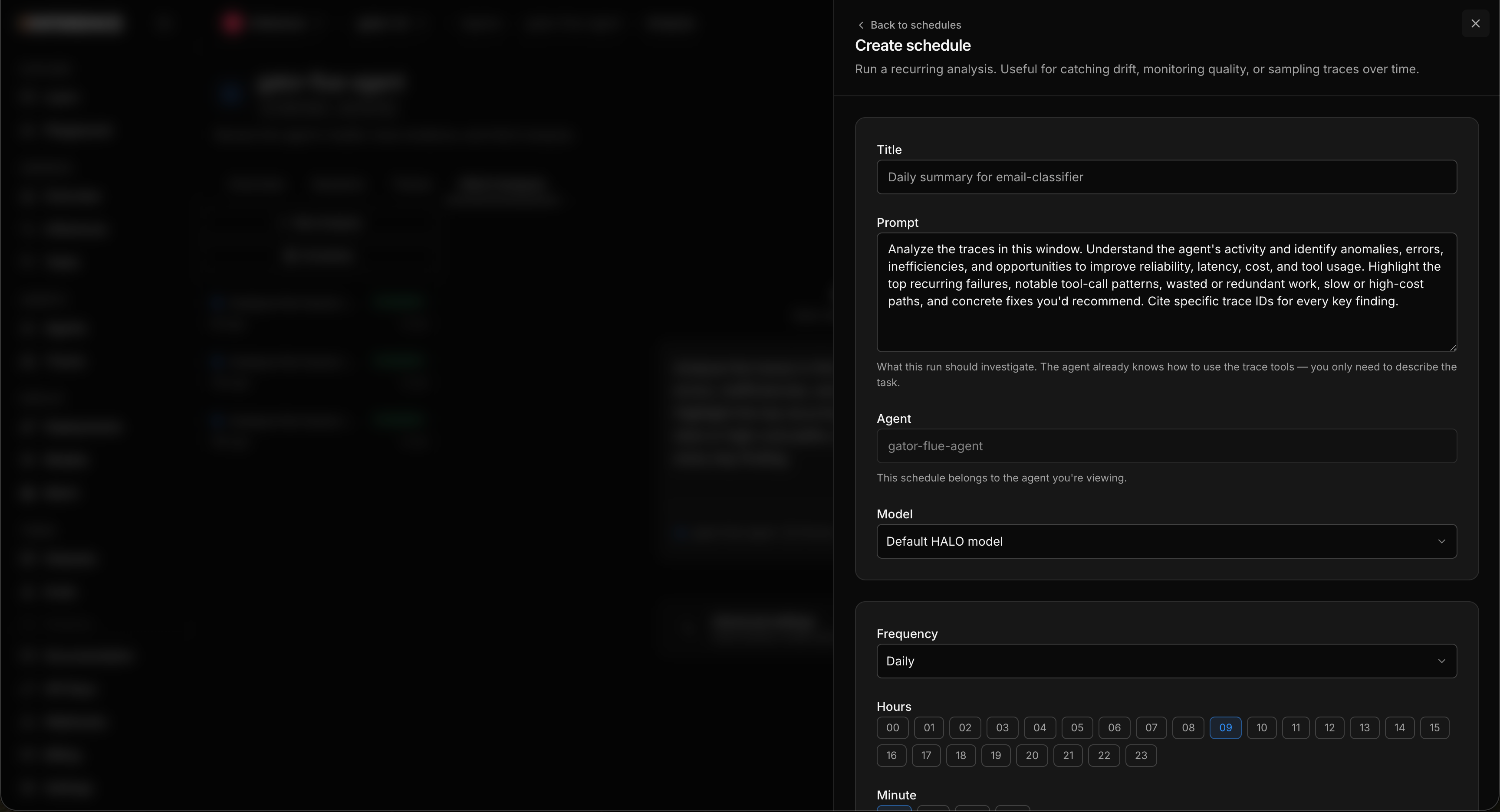 The HALO schedule create sheet, showing the schedule cadence, the prompt field, and the time range, with the ability to create multiple schedules each with its own prompt
