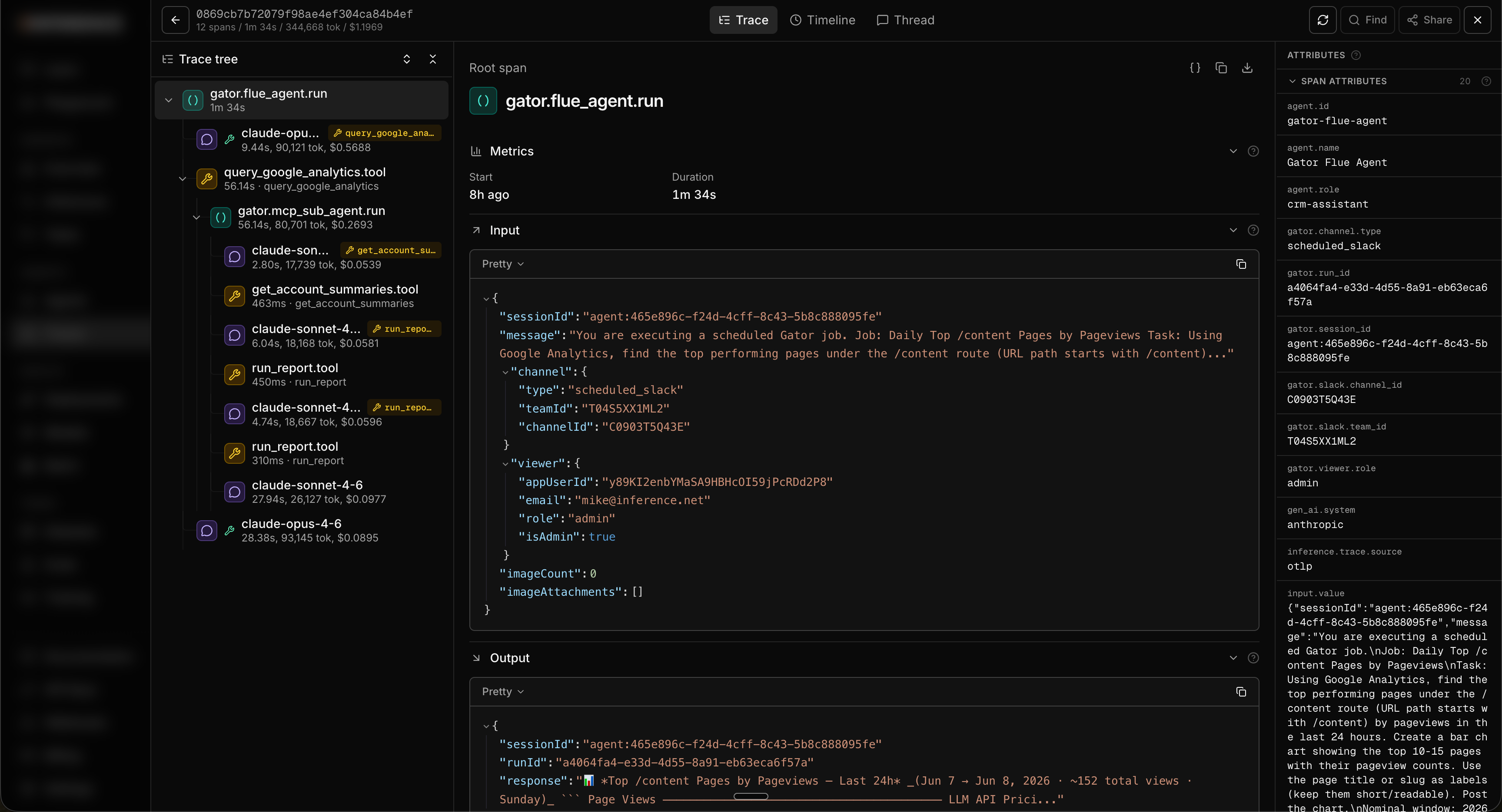 The trace detail sheet open on the trace/spans tab, with the span tree on one side and an expanded span showing its inputs, outputs, span attributes including cost and token counts, and the raw JSON and download controls