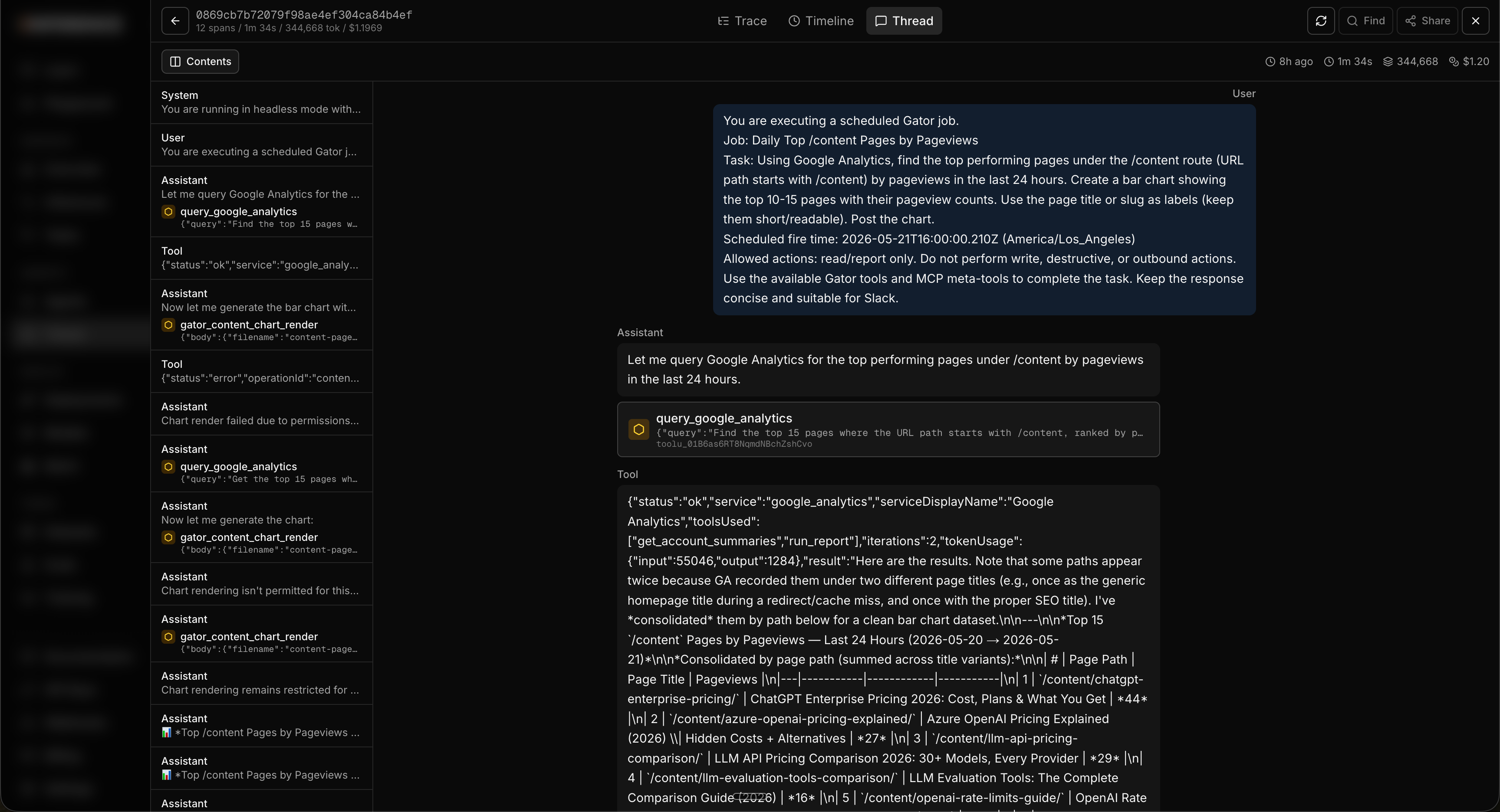 The trace detail sheet on the thread tab, showing the full run rendered as a readable conversation from first message to final output
