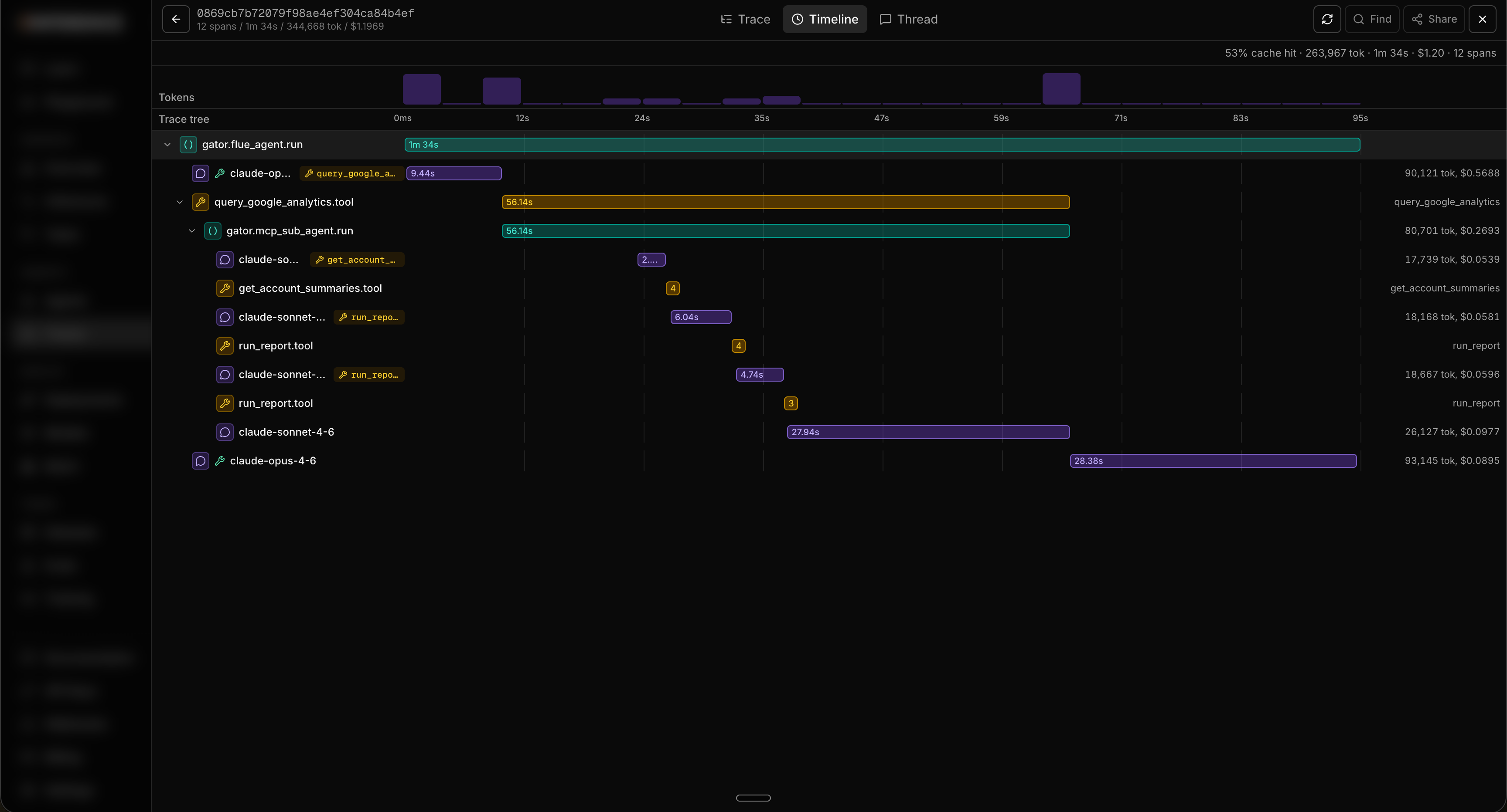 The trace detail sheet on the timeline tab, showing the total run duration up top and the per-span duration bars for tool calls, MCP calls, and model calls below