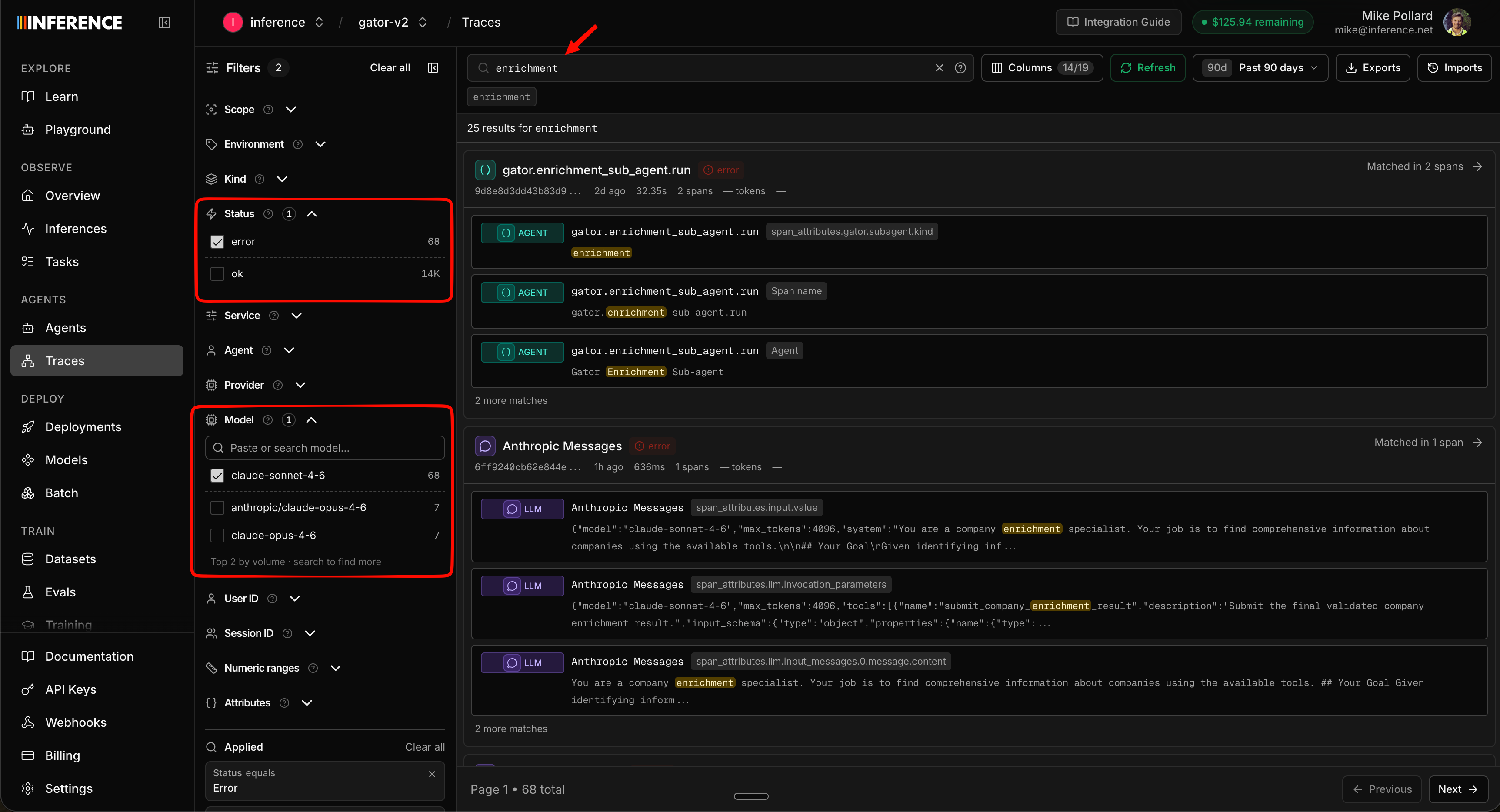 The Traces tab with a deep search for a keyword and status and model filters applied, showing matching traces with the search term highlighted inside the chat content