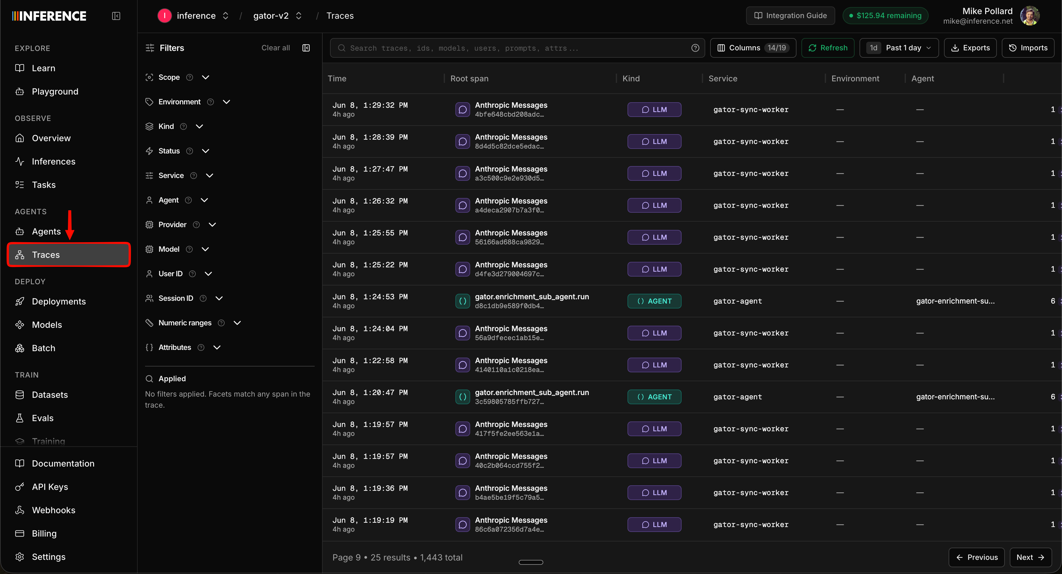 The Traces tab in the Inference dashboard showing a live list of captured traces with columns for time, root span, kind, service, environment, and agent