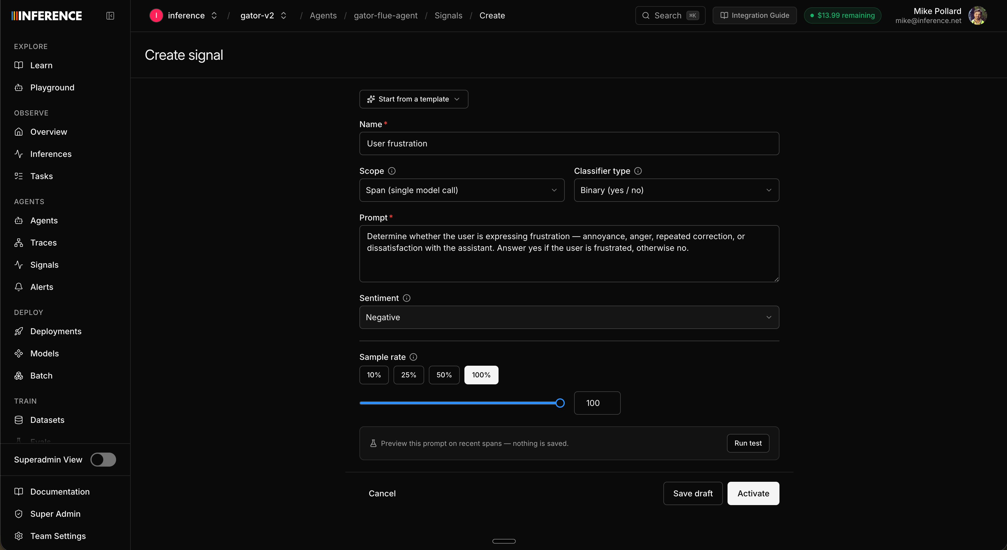 The create-signal form (shown here for a Jailbreak attempt signal at session scope), with the template picker, scope and binary type selectors, the classifier prompt, sample-rate presets, and an inline 'try it before you commit' preview