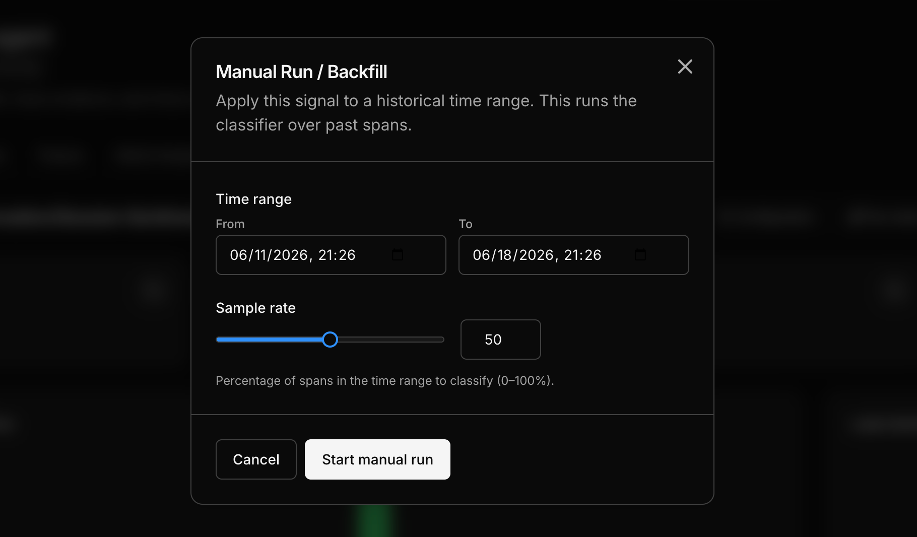 The Manual Run / Backfill dialog applying a signal to a historical time range, with From and To dates and a sample-rate slider for the percentage of past targets to classify