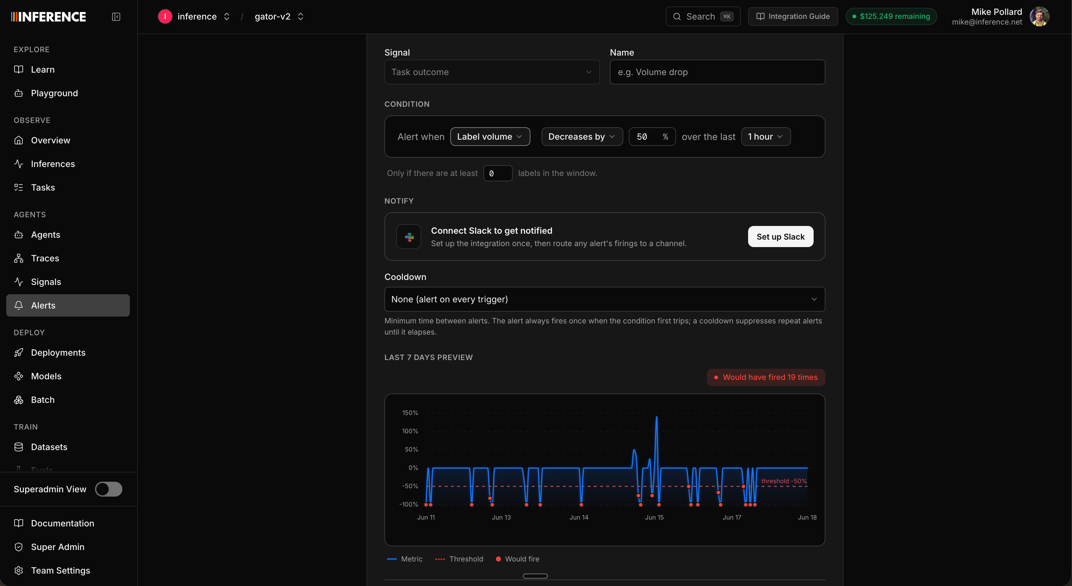 The alert create form: a signal and name, the condition built from a metric, a decreases-by / increases-by percentage or absolute level, and a window, plus a minimum label count, a Slack connect prompt, a cooldown selector, and a 7-day 'would have fired' preview chart